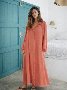 Christy Dawn The Rumi Dress in Dusty Rose Long Sleeve Button Front Maxi